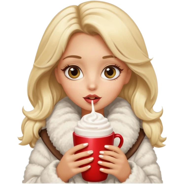 Tanned Girl with lashes , blonde hair, in an extremely big fluffy oversized coat and hold hot chocolate drink and big eyes, big lip emoji