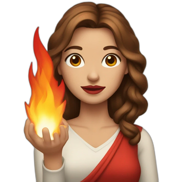 A women with warm brown hair, red lips, holding fire in the palm of her hand emoji