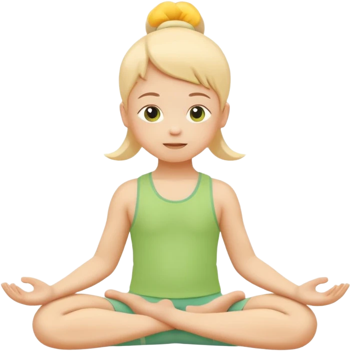 Flat illustration emoji of a small child practicing yoga, simple pose, calm and happy expression, soft pastel colors (yellow, green, soft orange), rounded shapes, minimal details, child-friendly, gentle and warm style, vector illustration, no background, cohesive style with kindergarten branding emoji