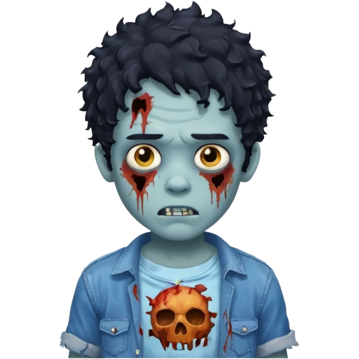 boy zombie with black curly hair, blueish skin, wearing a ripped shirt emoji