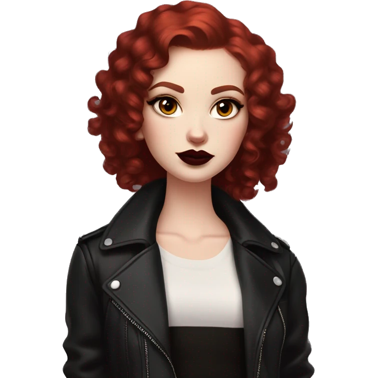 Girl with very pale skin, bright red curly short hair with a side part, black cat-eye makeup, dark maroon blush and lipstick.  Her eyebrows are dark, arched and very high.  Hazel eyes. Big lips. Thin. Wearing a black biker jacket. Holding a black cat emoji