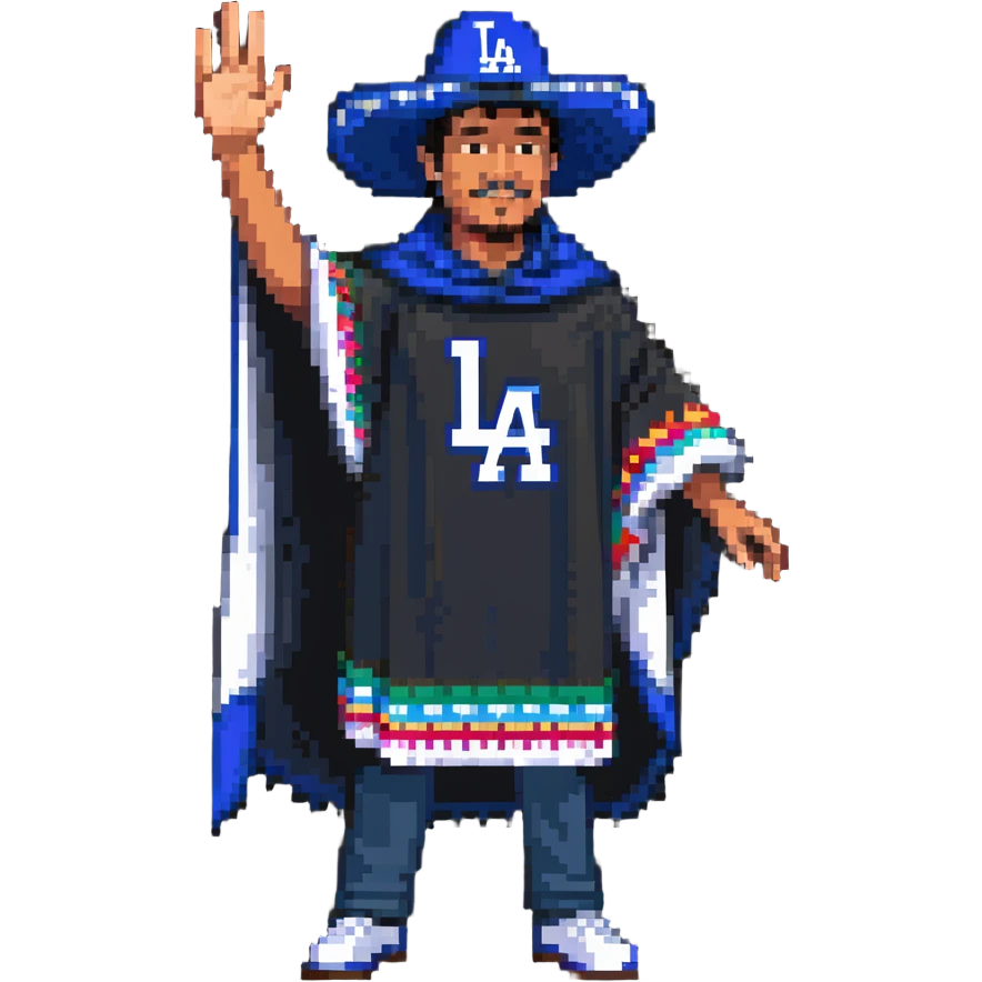 Mexican man in LA Dodgers hat, poncho, waving emoji