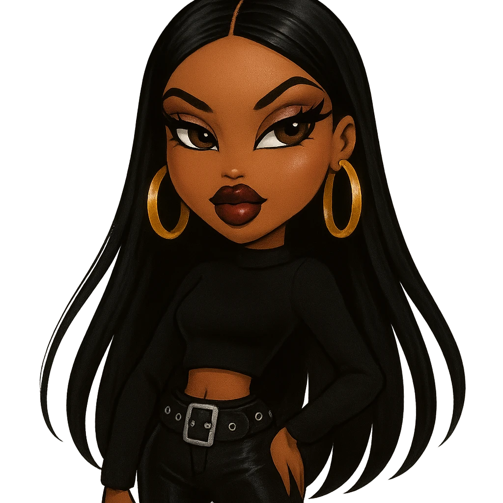 stylish Bratz doll baddie, straight black hair, brown skin, glamorous makeup, dark brown eyes, gold hoop earrings emoji