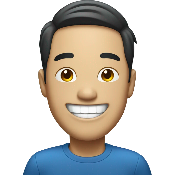 Asian man laughing, blue cloth, big smile emoji