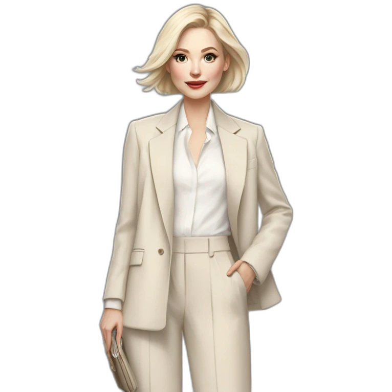 pale skin woman with ash blonde Straightened bob Hair, White Spacious classical jacket, beige palazzo Arrow pants and gray blouse holding a color palettes in the hands emoji