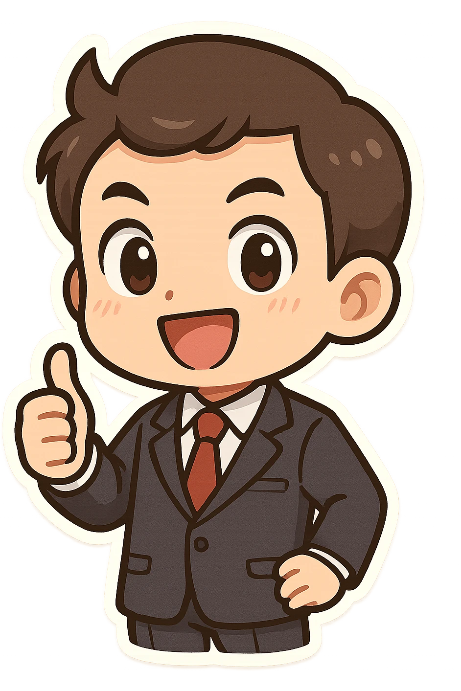 mini manager character, giving thumbs up, suit and tie, chibi proportions, energetic, simple background, manga-inspired style emoji