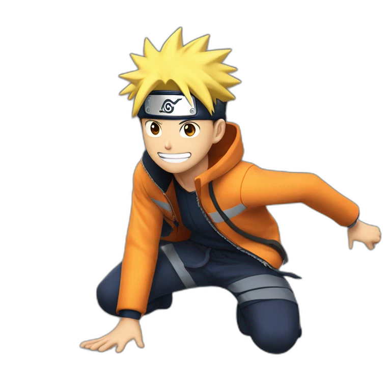 a photo of a naruto correndo de um homem aranha soltando teia emoji