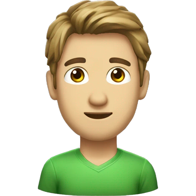 Un hombre de tez clara, pelo castaño y liso, ojos verdes, muy lindo y con audífonos gamer emoji
