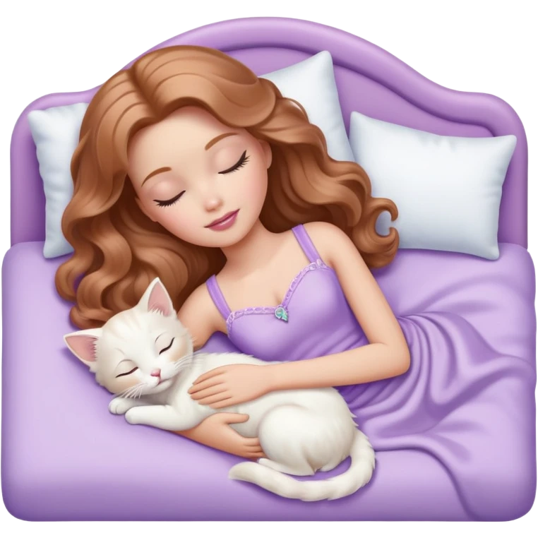 White Barbie girl Chestnut long wavy hair sleeping with white kitten at pale lavander bed emoji