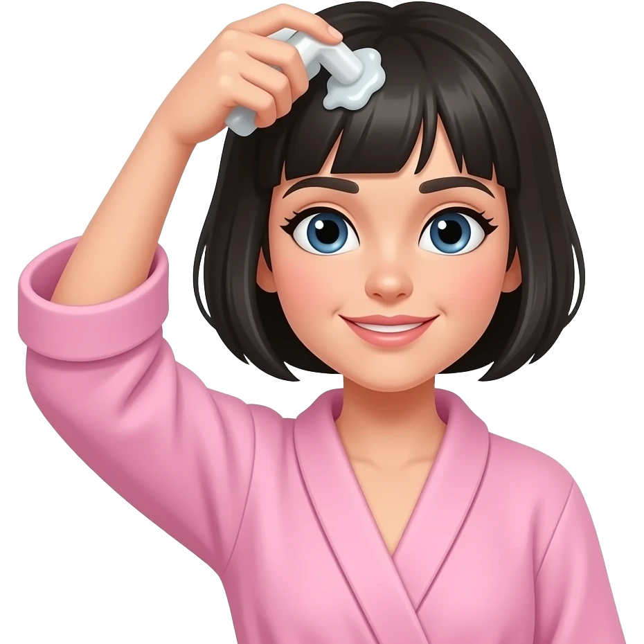 White girl taking care of her black short hair by giving herself a hair tonic massage, wearing a pink robe, iPhone emoji style emoji