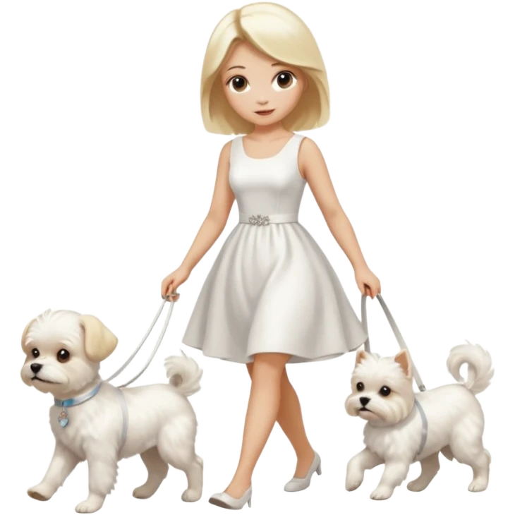 blonde woman wearing white, walking a small maltese dog. emoji