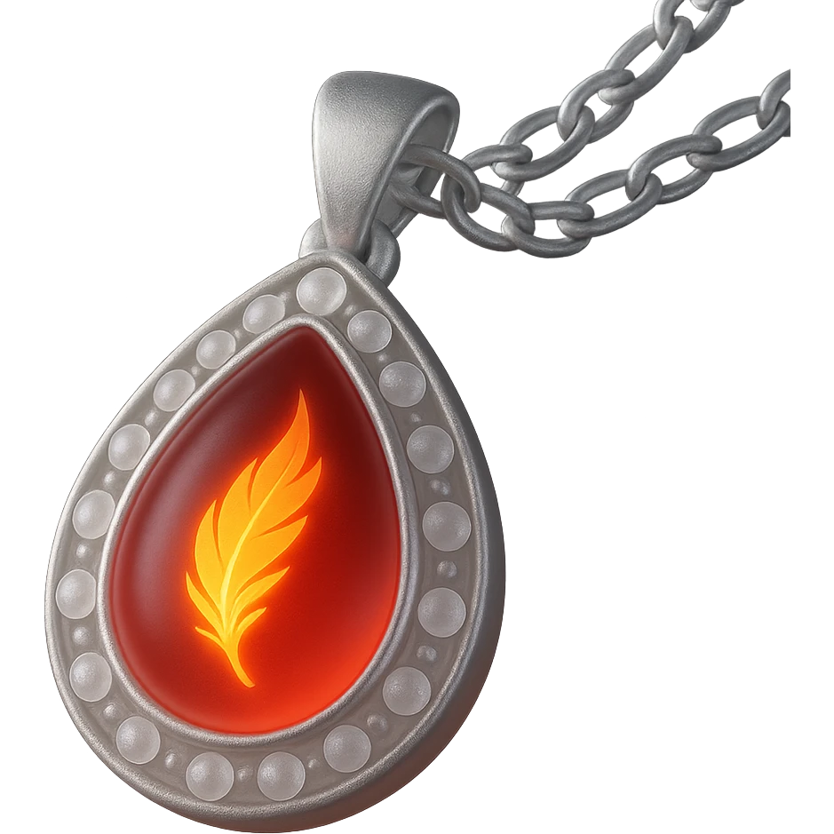 A teardrop ruby pendant with fiery light, a tiny phoenix feather emerging, haloed by shimmering white stones, and a silver chain like liquid moonlight emoji
