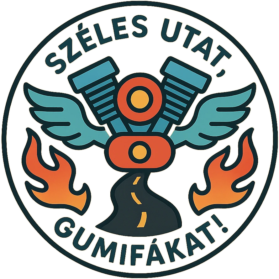 circular design for motorcycle cap, text 'Széles utat, gumifákat!', motorcycle motifs including motor, road, wings, flames, well-wishing style emoji