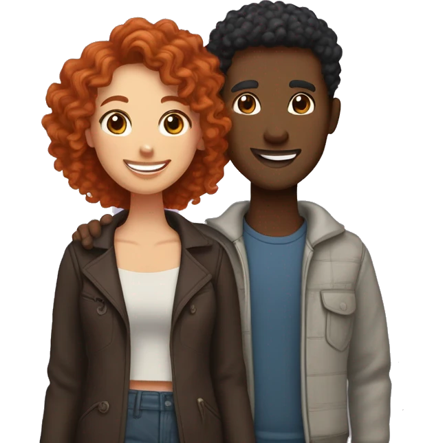 Create an emoji of a couple: a woman with curly red hair and brown eyes, and a man with short straight black hair and dark brown skin. Both should be smiling warmly and standing close together, embracing each other affectionately emoji
