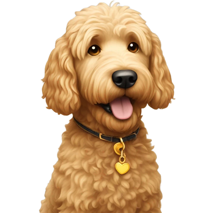Golden doodle dog lovingly looking at his human fathers. They are in a meadow cliff overlooking a small village. emoji