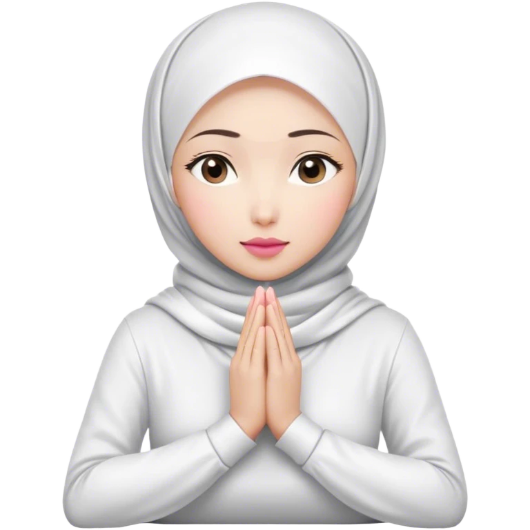 A white Asian woman, white hijab women are listening with her hands folded on the table. her lips is pink. her outfit & hijab color is white. Her fingers are 10. emoji