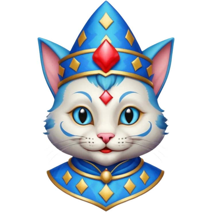 crazy colorful cute little cat jolly joker from poker, medieval, vintage, court jester, mac os icon, blue color, poker cards, mage emoji
