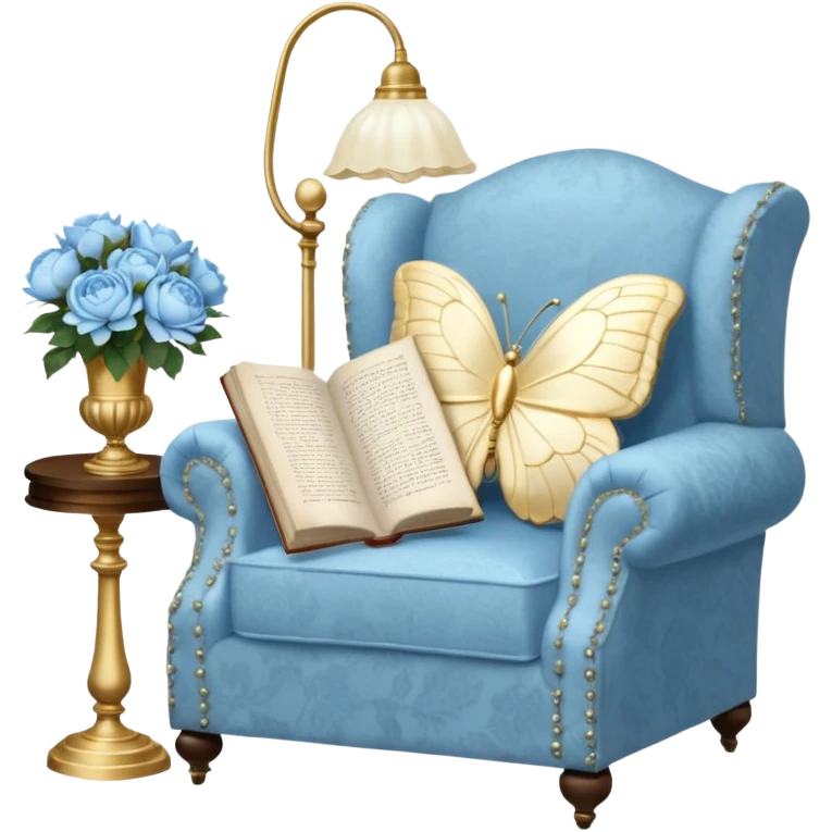 A cozy vintage-inspired reading nook, with an overstuffed ivory armchair, a golden reading lamp, and a bouquet of soft blue roses, white peonies, and dahlias resting on a small lace-covered side table, as a pearl butterfly gently rests on the open book.  emoji
