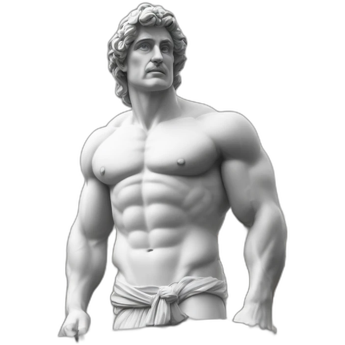 estátua dos pés a cabeça de um homem musculoso igual a Roma antiga. Mármore branco. Sem roupas. O bico do peito está em destaque, em seguida a V-Line da cintura. Pau Grande. Sem roupa. emoji