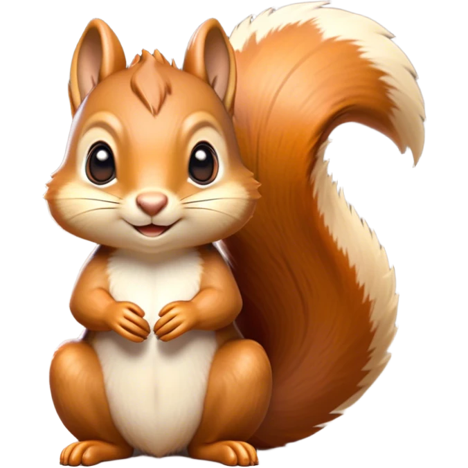 Cinematic Adorably Cute Squirrel Portrait Emoji, Perched with an alert, twinkling gaze and a playful tilt of its head, showcasing a small, nimble body with a bushy tail and delicate whiskers, Simplified yet irresistibly adorable features, highly detailed, glowing with a warm, sunlit glow, high shine, energetic and sprightly, stylized with an air of woodland whimsy, soft glowing outline, capturing the essence of a joyful squirrel that appears ready to scamper out of the screen with boundless charm! emoji