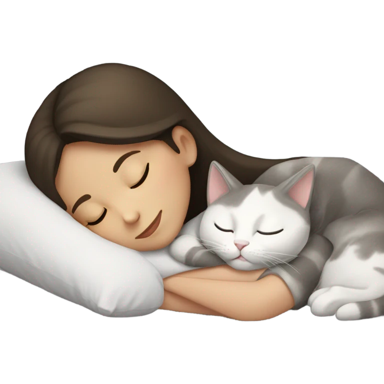 Brunette girl  sleeping with grey white  cat  emoji