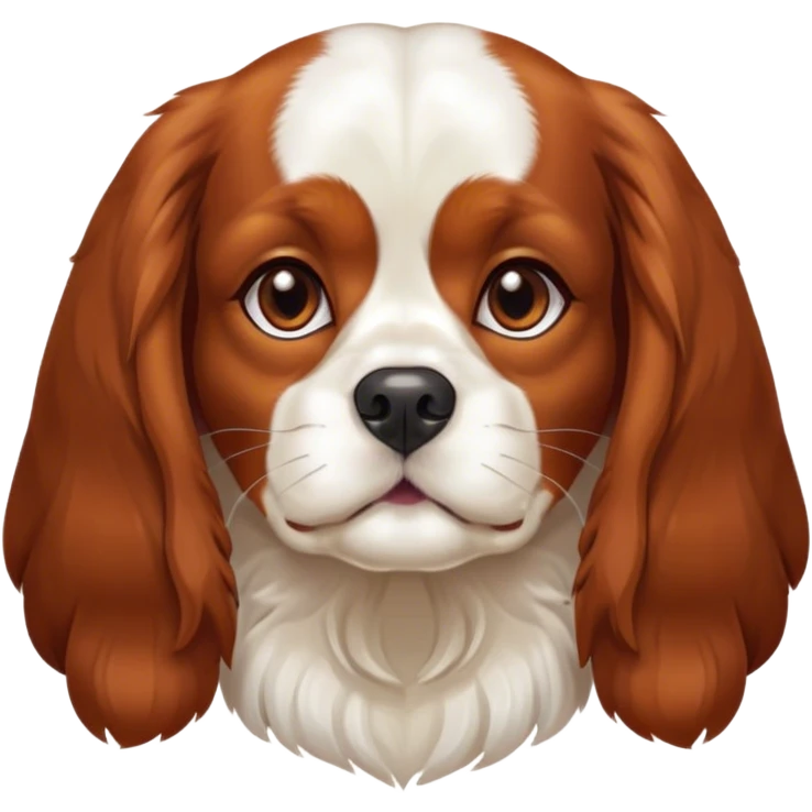 Cinematic Noble Blenheim Cavalier King Charles Spaniel Portrait Emoji, Poised and regal, with a graceful, medium build and a well-groomed Blenheim coat featuring rich chestnut and white markings, soulful brown eyes, Simplified yet sharp and sophisticated features, highly detailed, glowing with a soft, dignified glow, high shine, intelligent and affectionate, stylized with an air of elegance, focused and attentive, soft glowing outline, capturing the essence of a watchful and refined companion, so majestic it feels as though it could step out of the screen with effortless authority! emoji