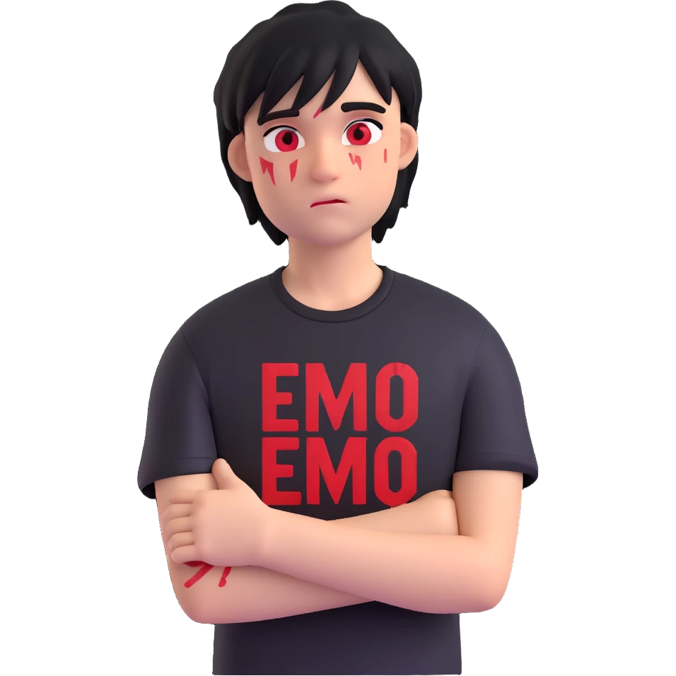 emo person with arm scars, black t-shirt with bold red lettering, emotional expression emoji