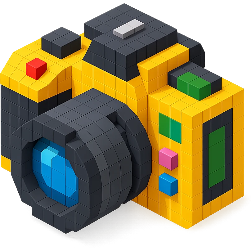modern DSLR camera, isometric view, voxel style emoji