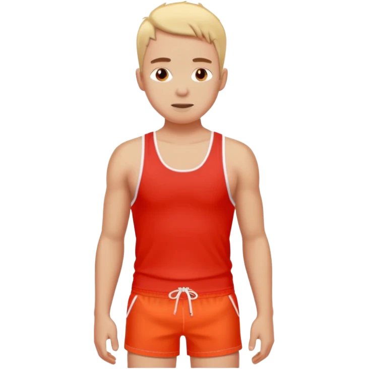 image of person in swimshorts which is sunburned - the skin is red, on the person chest it should be white (as a white outline of a tank top)  emoji