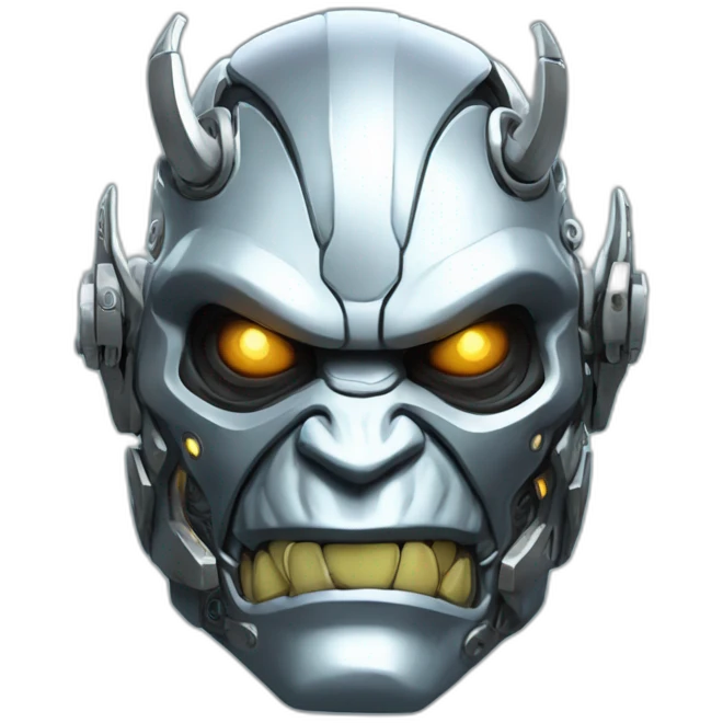 Cyber futuristic silver orc robot face with big orc tusks emoji