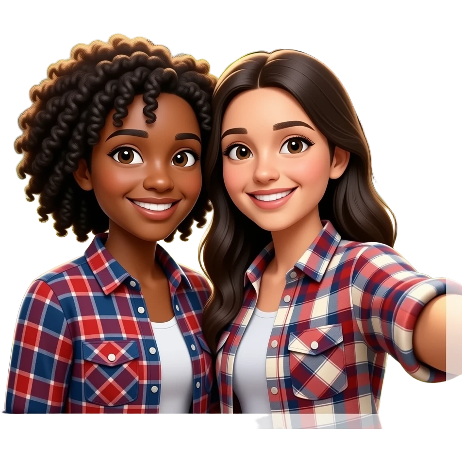 A black girl and spanish girl taking a selfie together in front of a cabin in the woods while wearing flannel emoji
