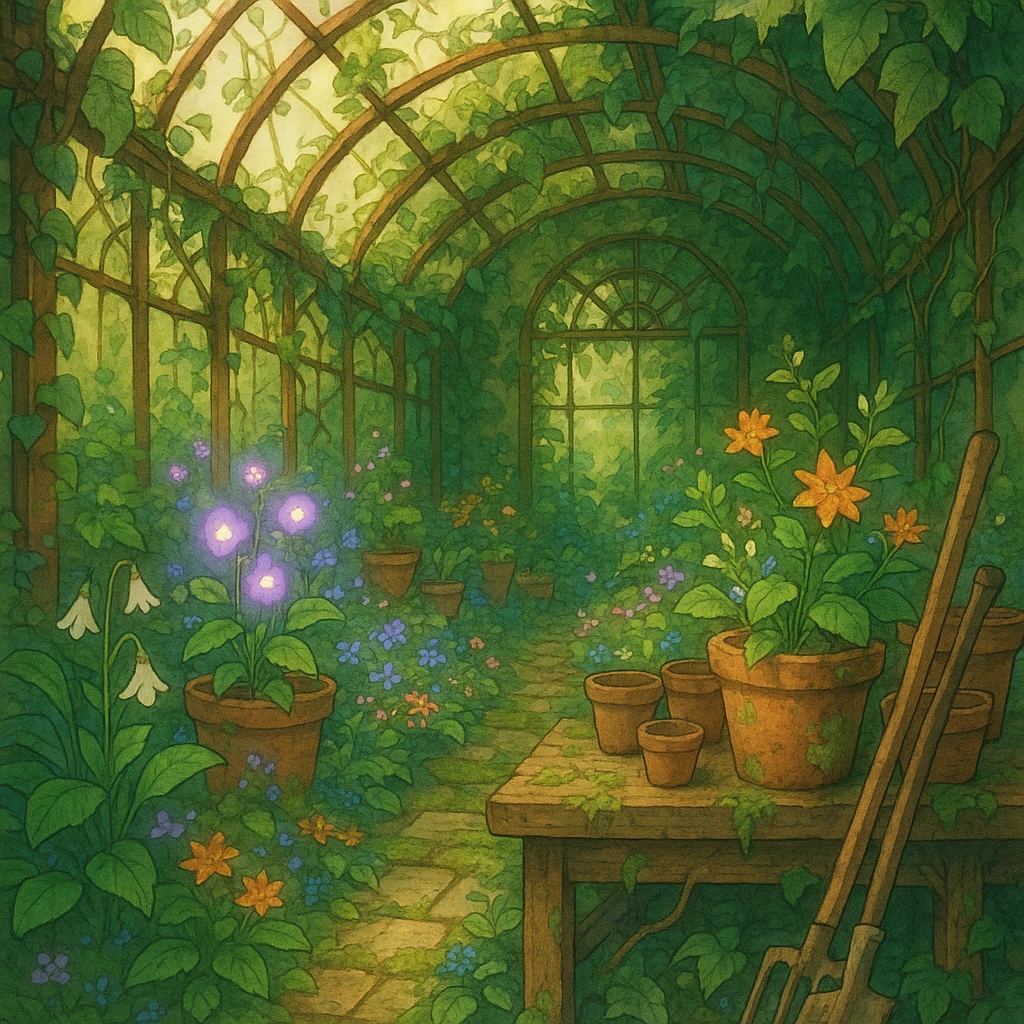 Overgrown greenhouse with forgotten tools and blooming magic herbs. emoji