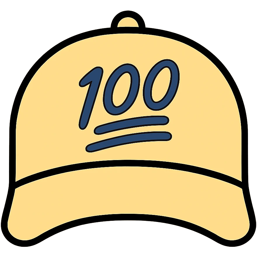 Change the color of the embroidered 100 emoji to navy blue and make the hat a pastel yellow, keeping the color outline icon style with no background. emoji