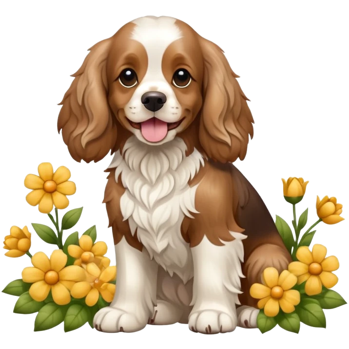 Full body shot of a cocker spaniel with flowers emoji