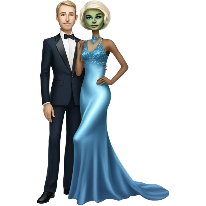 reptilian alien woman, in long slim pastel blue formal party satin dress with gradient shiny sparkling navy blue diamonds embroidered , and caucasian man in black dress emoji