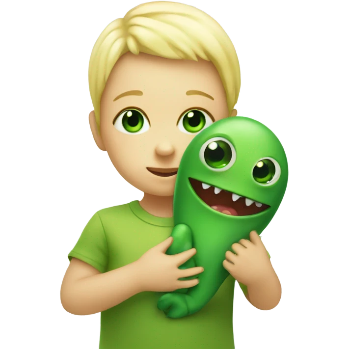 Little blonde baby holding the hand a big green one eyed monster emoji