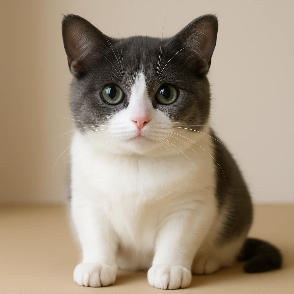 Make the kitten about 30% fatter, keep the fur only gray on top with no stripes, white nose and underbelly, in a realistic style with lifelike details. emoji