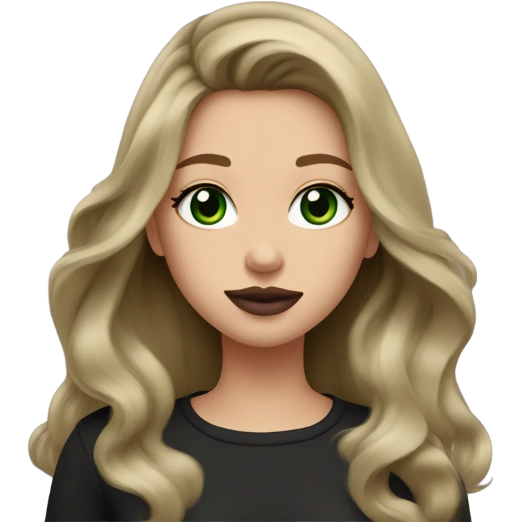 dark blonde balayage girl green eyes long hair mauve lips rosy cheeks black shirt emoji