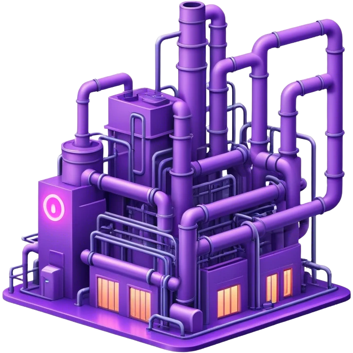 AI-powered factory. It should be a building with pipes. Add violet neon glowing symbolizing power of AI emoji