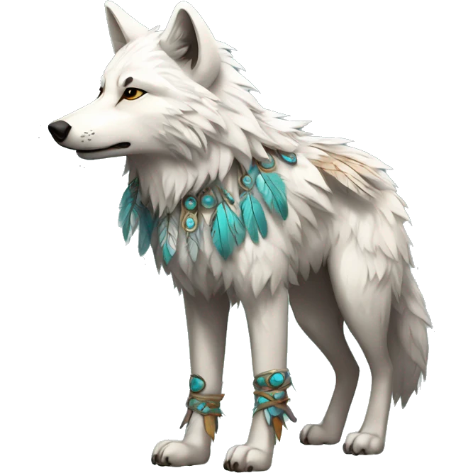 Fluffy Shy Spiritual Shamanic Wolf With Shiny Tribal Markings wearing feathers Full Body emoji