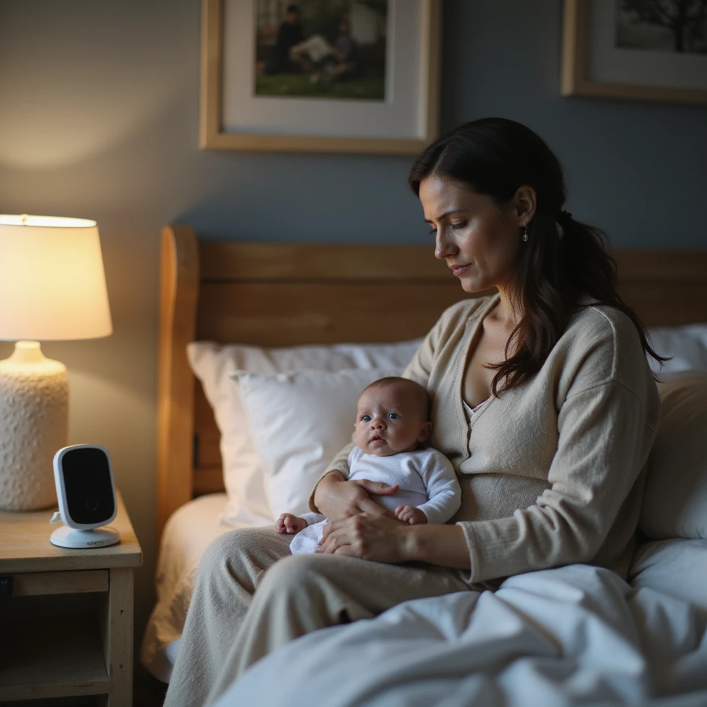 hyperrealistic 4K image of new mother sitting on bed, baby monitor on nightstand, glancing at it with anxious expression, dark circles under eyes, nursery filled with safety devices emoji