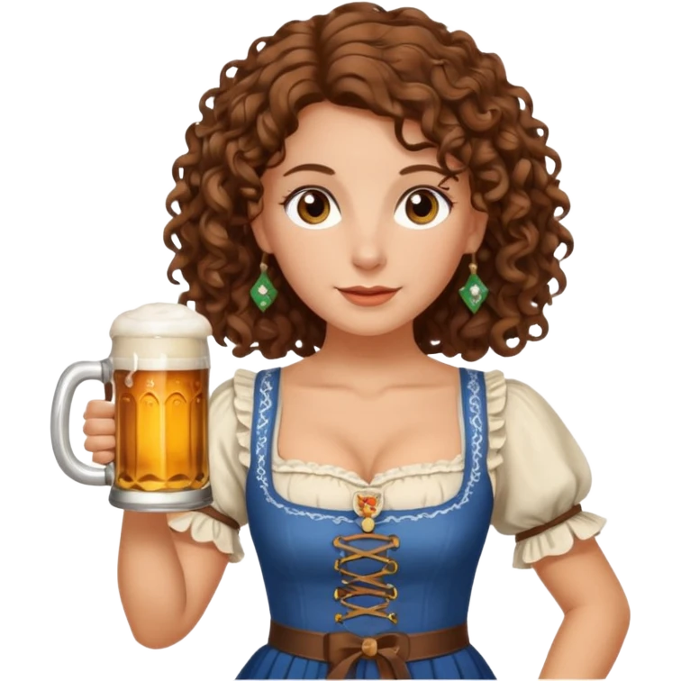 A white woman with brown, shoulder-length curly hair and brown eyes she is wearing a dirndl and holding a beer stein emoji