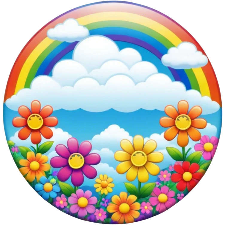 A round psychedelic colored button with a bezeled rainbow with clouds and colorful hippie style flowers emoji
