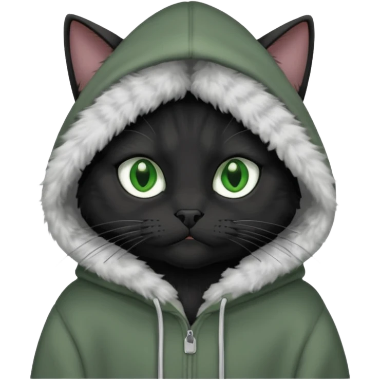A black cat wearing an oversized grey hoodie  emoji