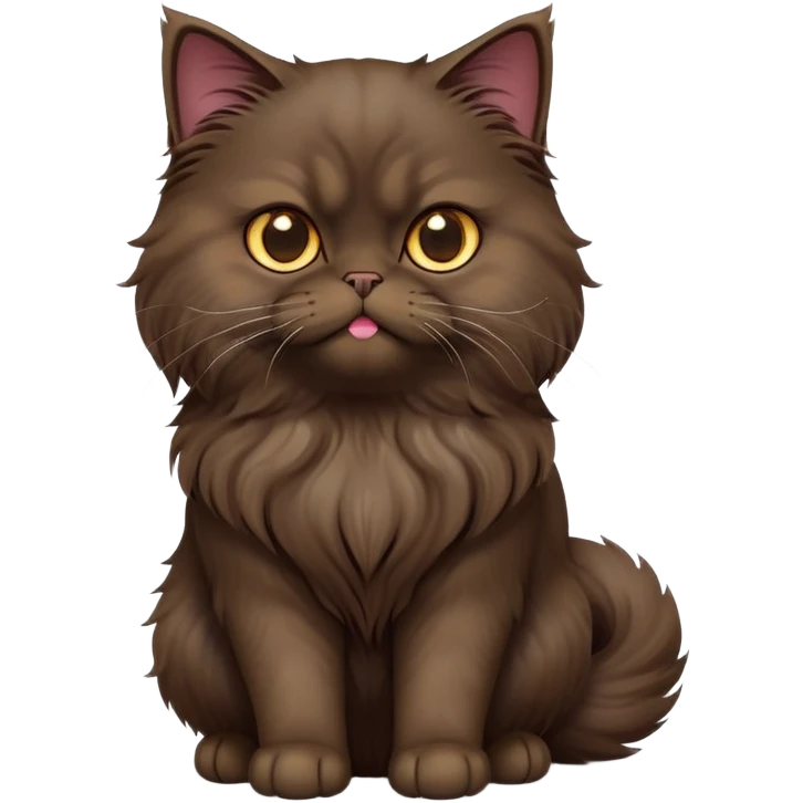 cinematic-[dark brown persian cat]-realistic-full-body-sitting-emoji,-tail-curled-playfully-around-its-paws,-head-tilted-dramatically,-fluffy-[dark brown]-fur,-simplified-yet-realistic-focused-features,-highly-detailed,-glowing-with-an-almost-sarcastic-glow emoji