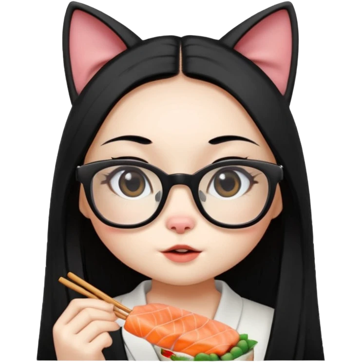 cute girl cat with long straight hair and really big square glasses with super thin frames eating sushi emoji