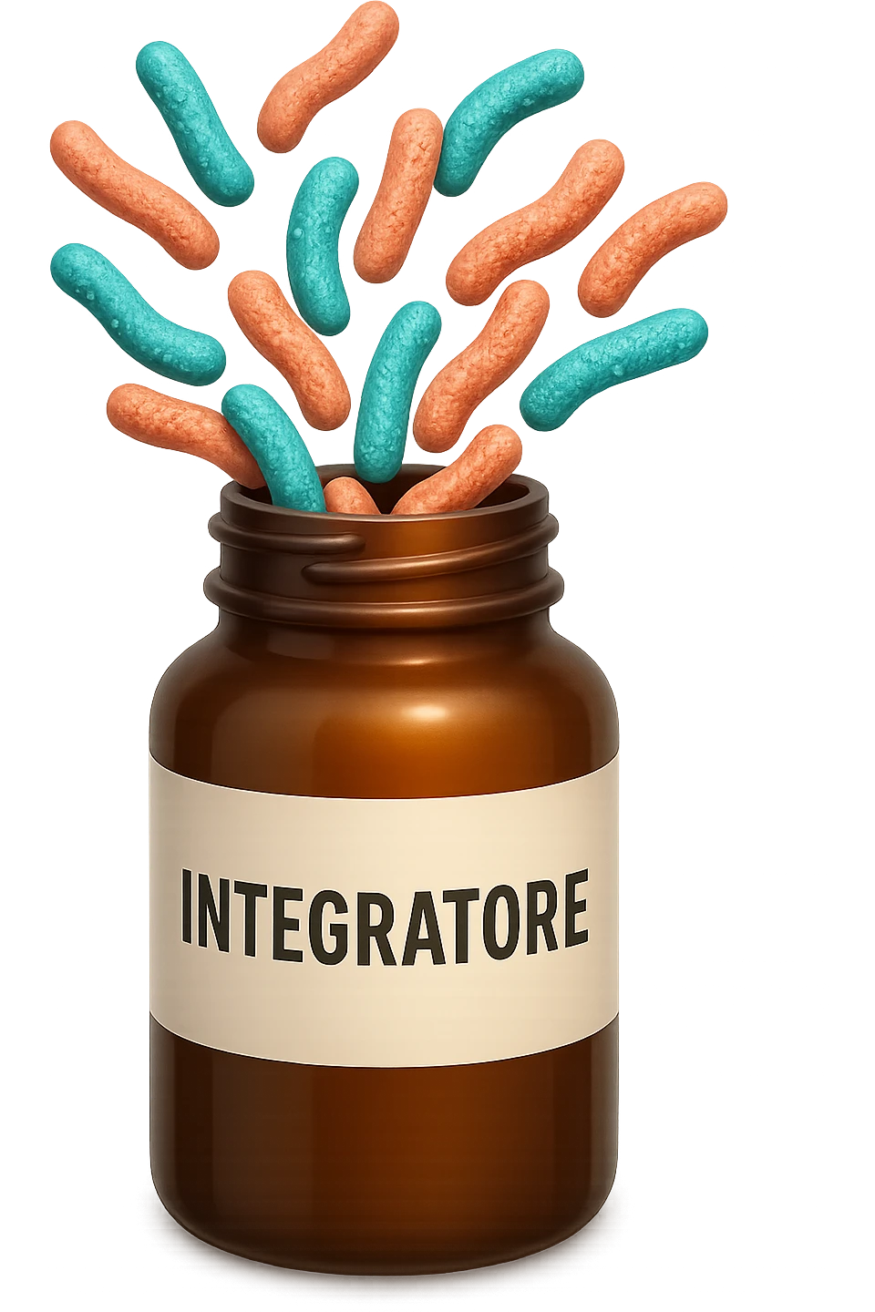 EMOJI STILE IPHONE DI boccetta di integratore con la scritta "INTEGRATORE" SULL'ETICHETTA, con batteri intestinali turchesi e rosa salmone che escono, IPERREALISTICO 4K emoji