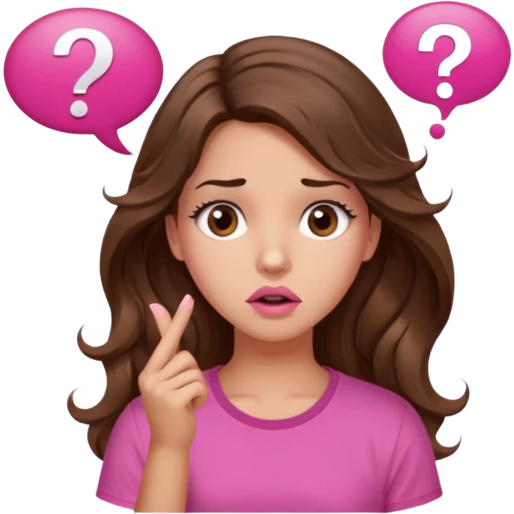 girl with long wavy brown hair, brown eyes, light to medium complexion, in a pink shirt, pink lips, long lashes, confused, question mark speech bubble emoji