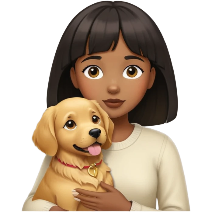 A black girl with short bangs holding a golden retriever emoji