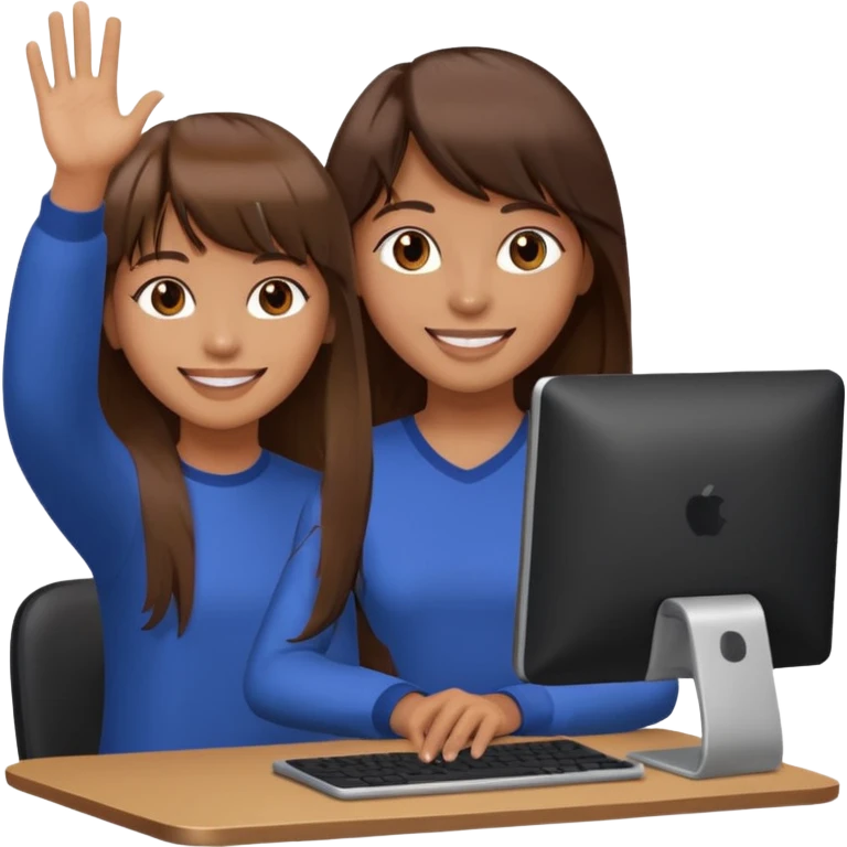 a designer with tan skin long brown hair bangs waving with computer emoji
